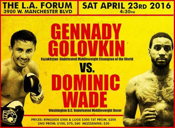 Gennady Golovkin will defend his WBA/WBC/IBF/IBO middleweight titles against Dominic Wade on Saturday, April 23.